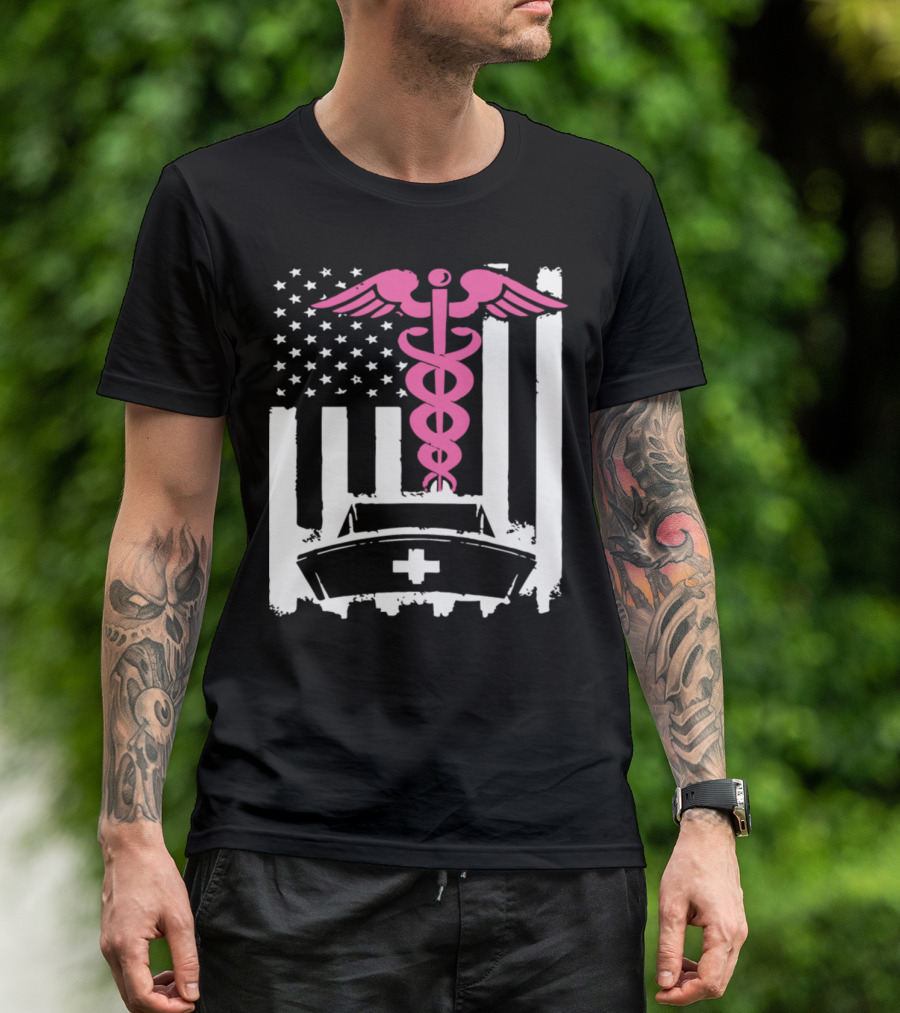 American Nurse Flag Caduceus Hat Gildan Women Nurse T-Shirt