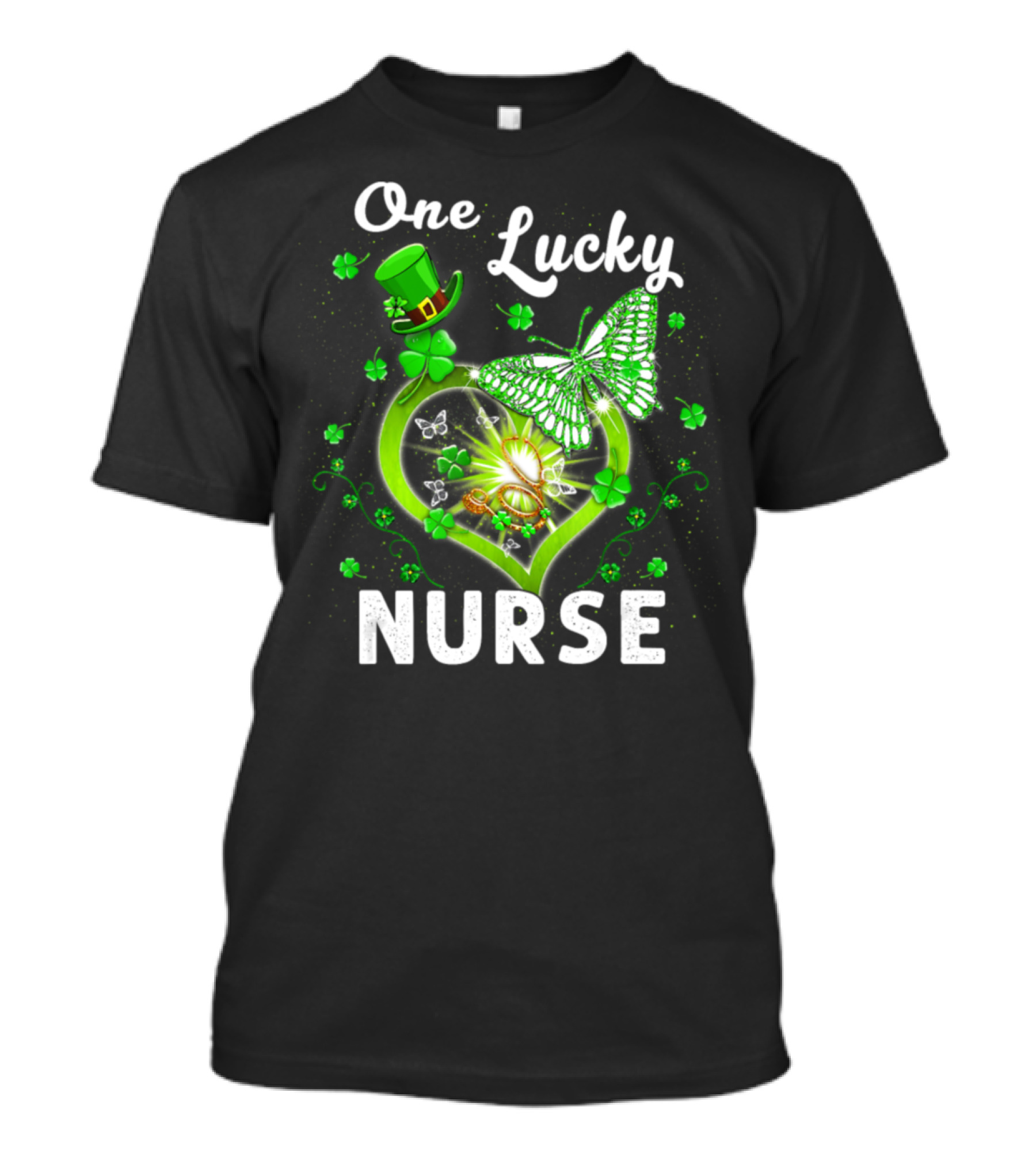 One Lucky Irish St Patricks Day Nurse Shamrock Butterfly Heart T-Shirt