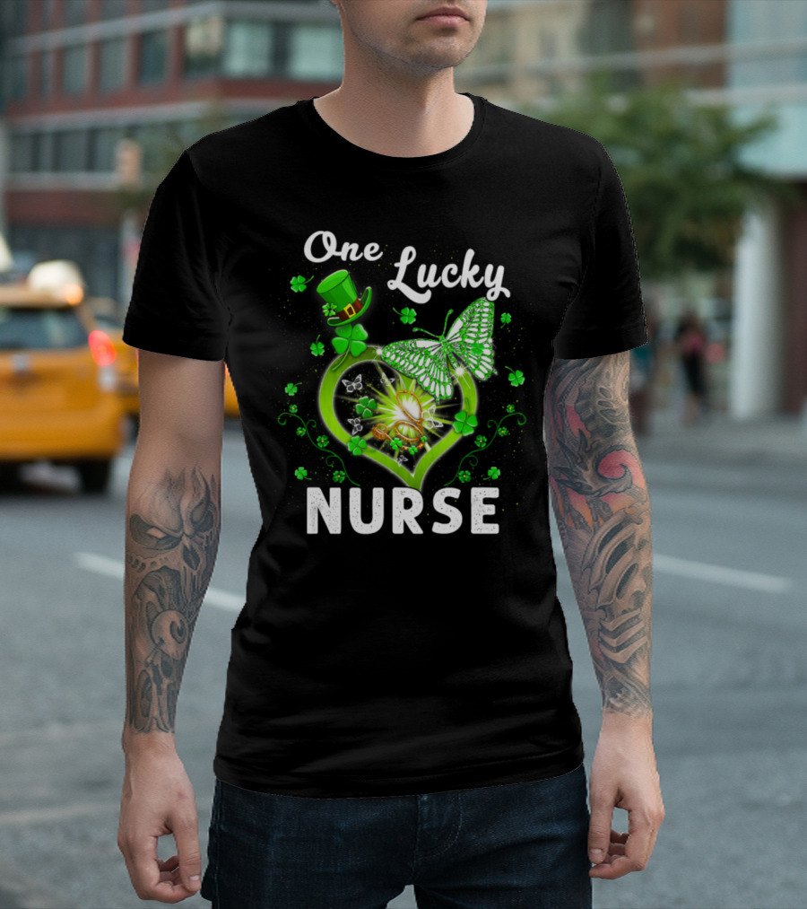 One Lucky Irish St Patricks Day Nurse Shamrock Butterfly Heart T-Shirt