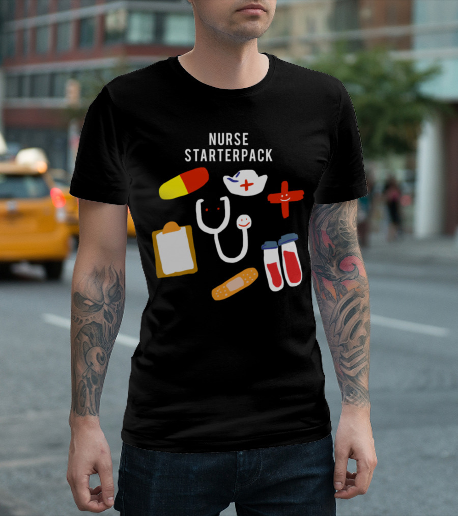 Nurse Starterpack Pill Stethoscope Nurse Hat Clipboard Bandage Blood Vials T-Shirt