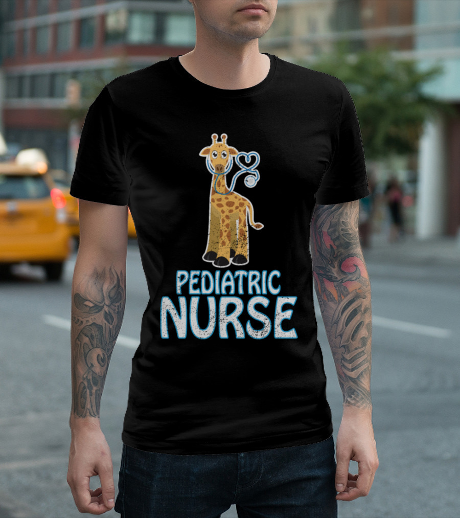 Pediatric Nurse Giraffe with Heart Stethoscope T-Shirt