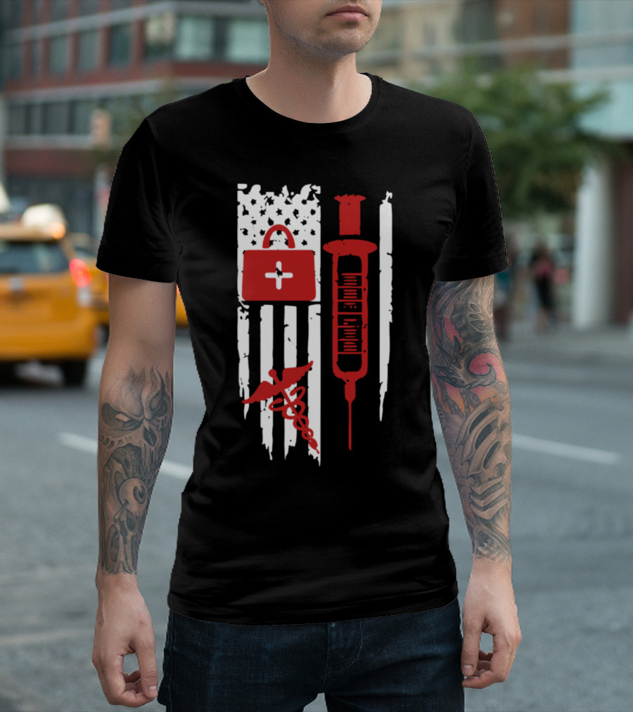 American Nurse Flag Medical Symbols Syringe Caduceus Bag T-Shirt