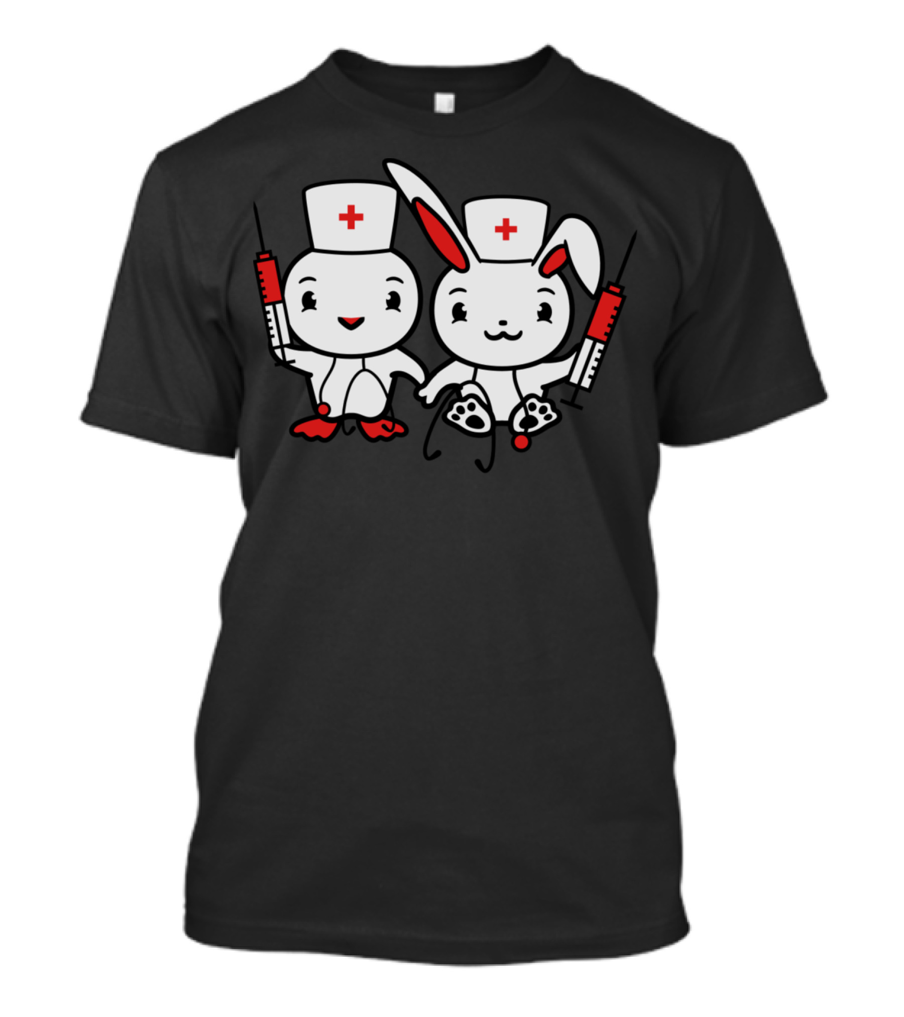 Chicken Bird Chick Couple Team 2 Friends Nurse Rabbit Duo With Syringes T-Shirt