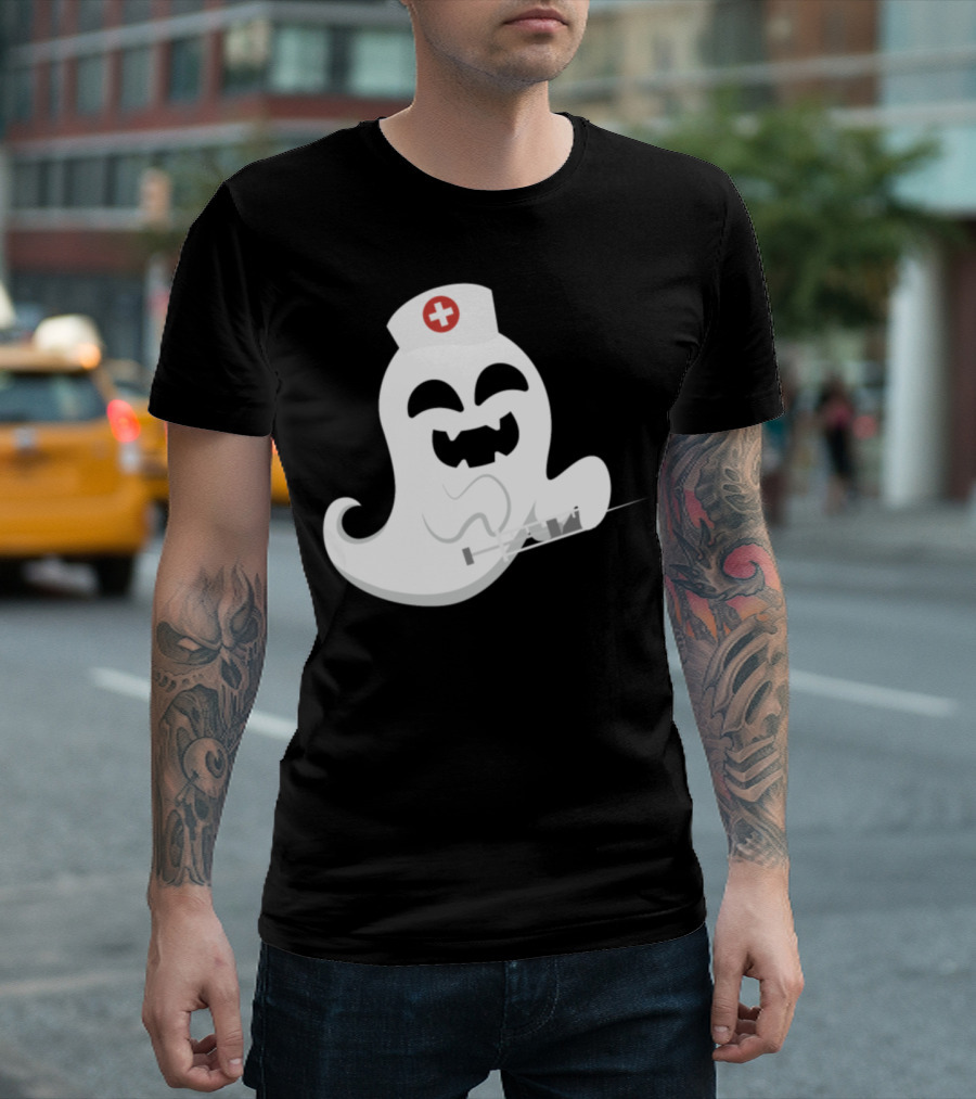 Ghost Nurse Halloween Boo Spooky Nurse Cap Ghost Holding Syringe T-Shirt