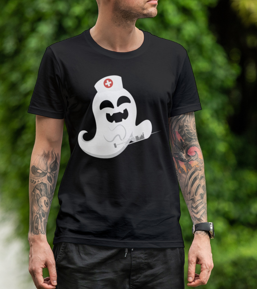 Ghost Nurse Halloween Boo Spooky Nurse Cap Ghost Holding Syringe T-Shirt