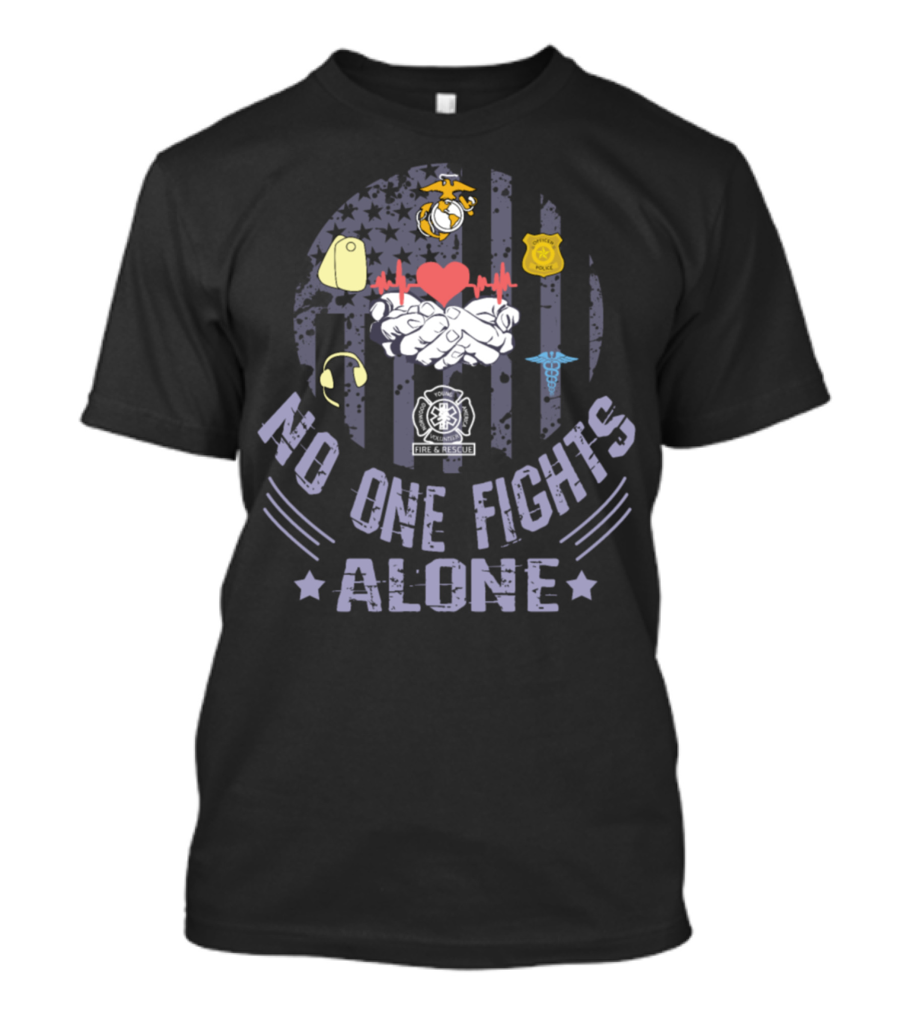 No One Fights Alone USA Flag First Responder Support Icons T-Shirt