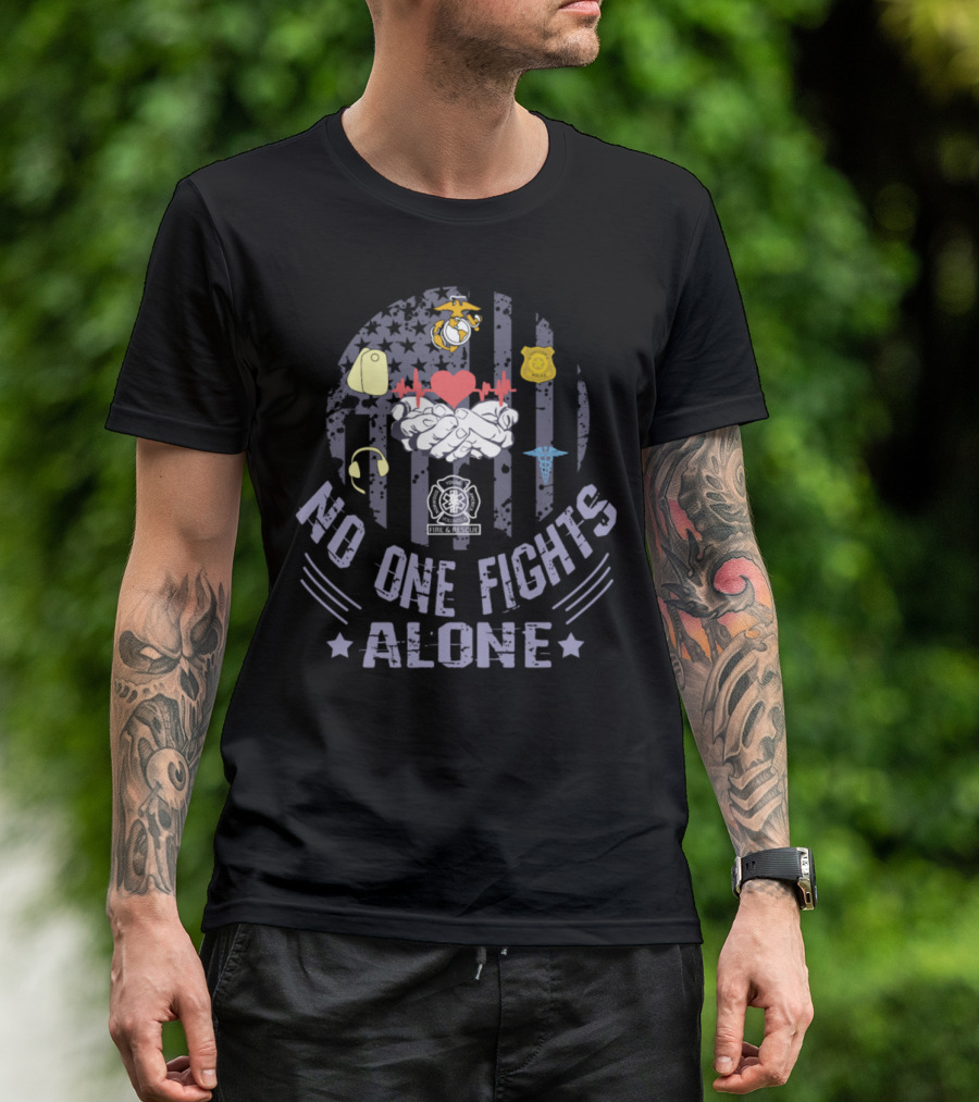 No One Fights Alone USA Flag First Responder Support Icons T-Shirt