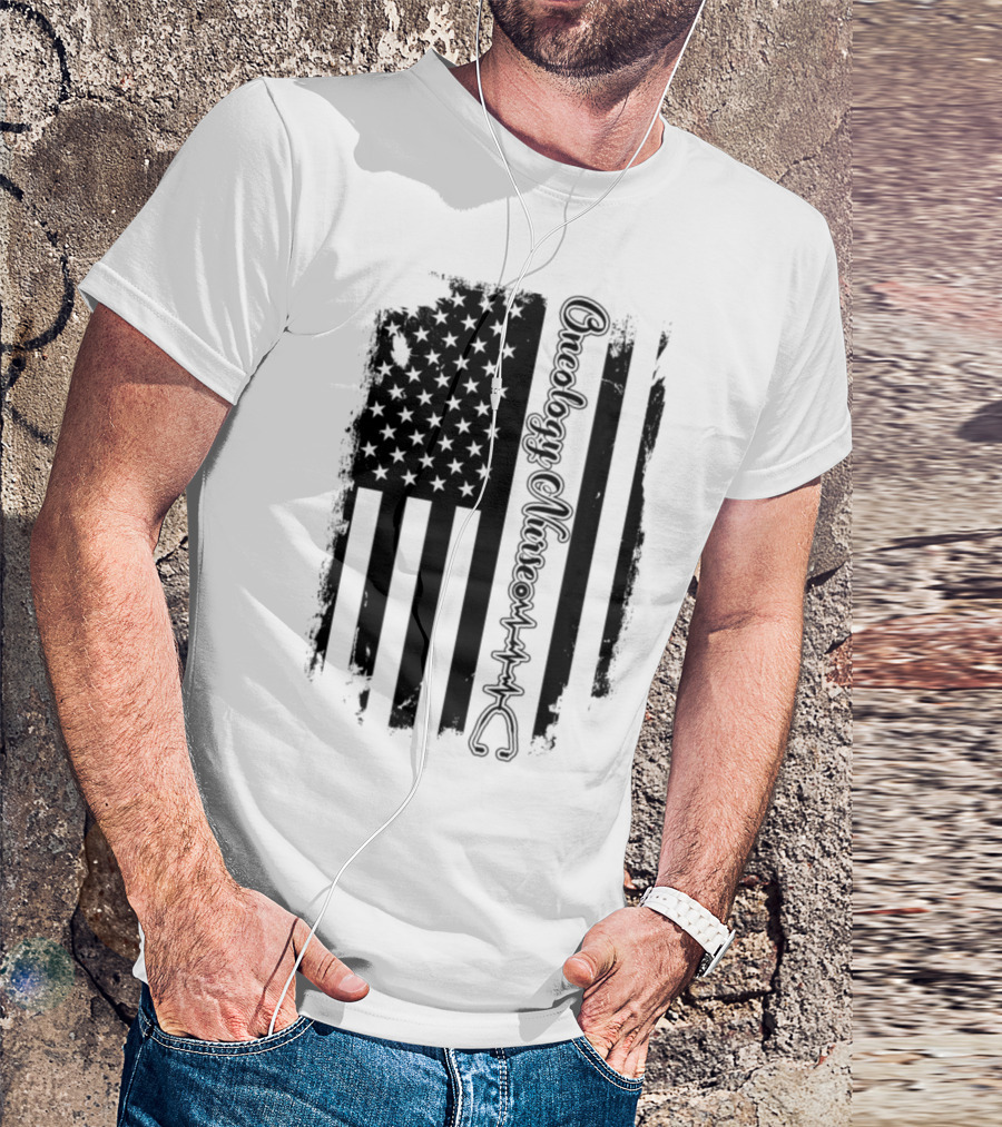 Oncology Nurse American Flag Stethoscope Heartbeat T-Shirt