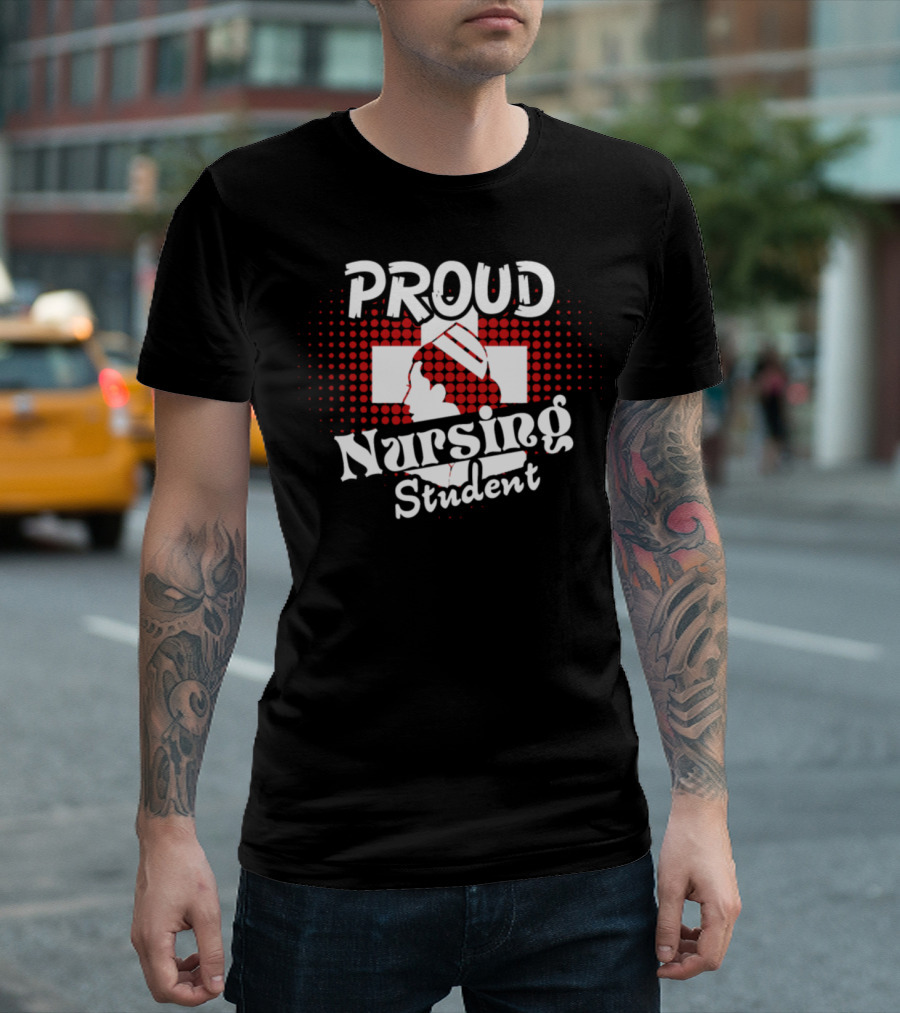 Proud Nursing Student Nurse Hat Silhouette Red Cross Background T-Shirt