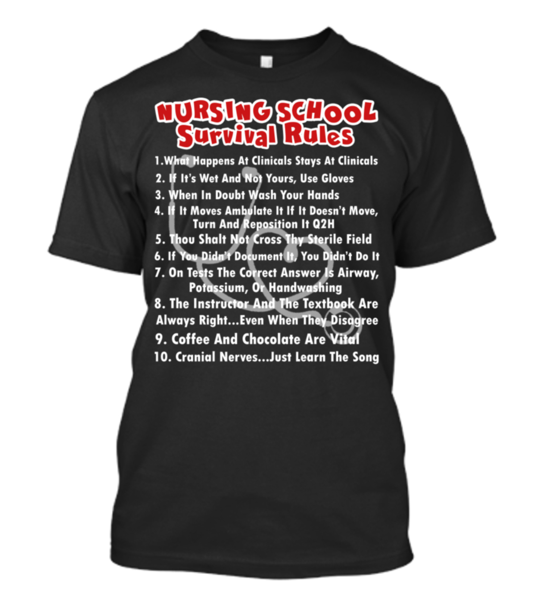 NURSING SCHOOL Survival Rules What Happens At Clinicals Stays At Clinicals Coffee And Chocolate Are Vital Cranial Nerves…Just Learn The Song T-Shirt