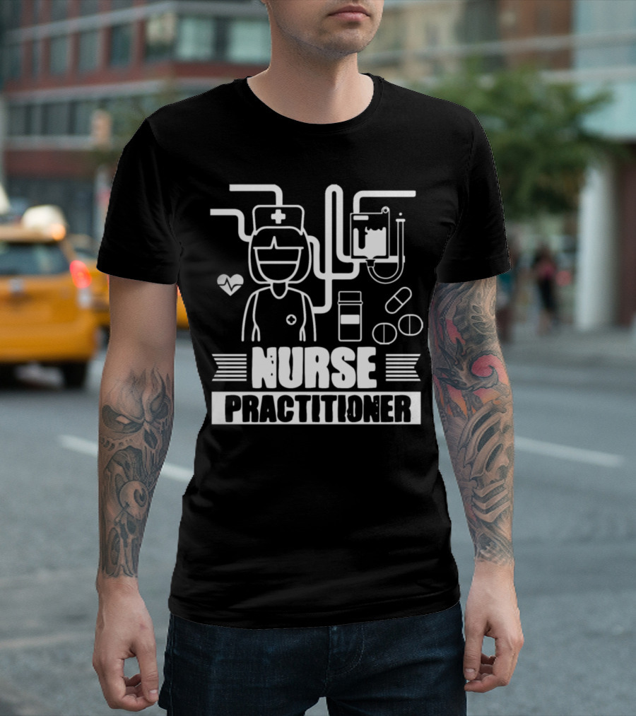 Nurse Practitioner with Medical Icons and Heart T-Shirt