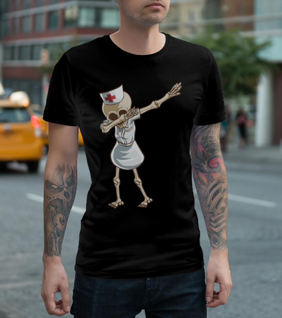Halloween Dabbing Skeleton Nurse With Red Cross Hat T-Shirt