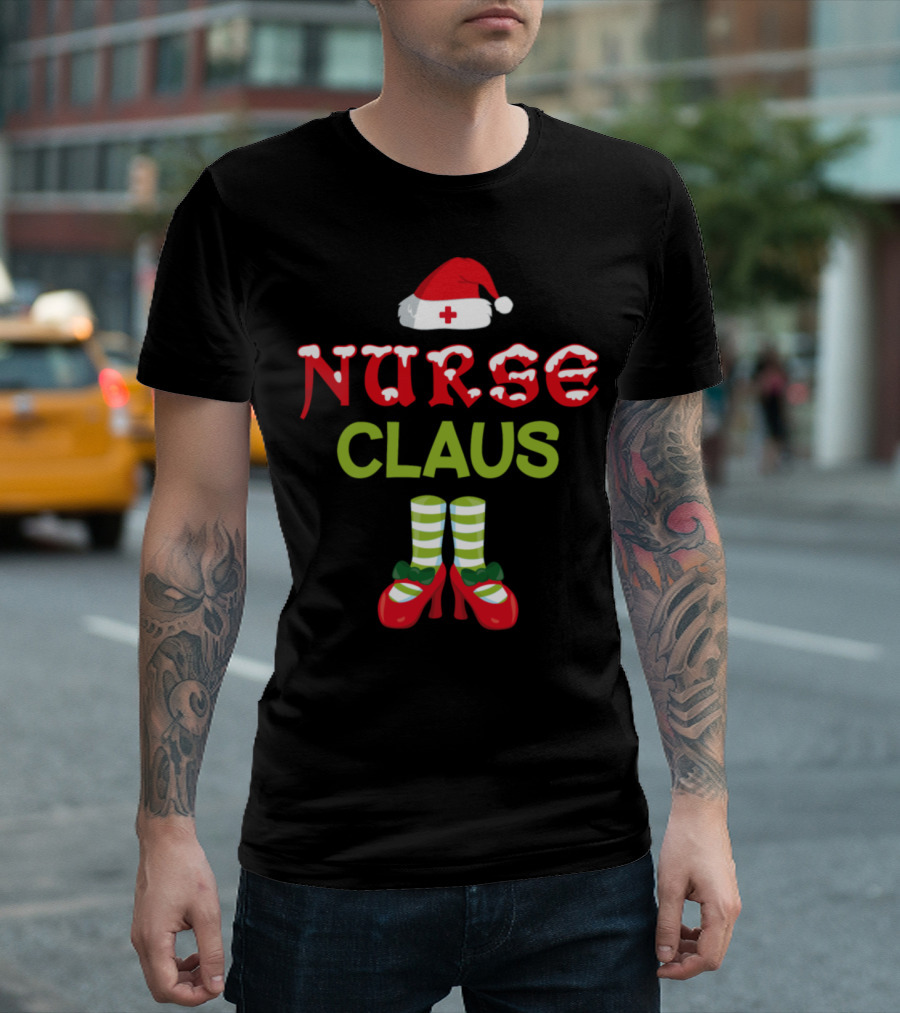 Nurse Claus Christmas Hat Striped Stockings and Red Shoes T-Shirt
