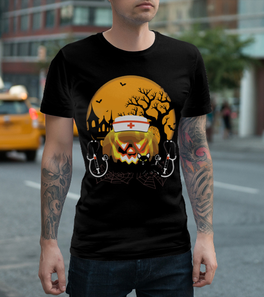 Nurse Halloween Pumpkin with Stethoscope and Moonlit Haunted House T-Shirt