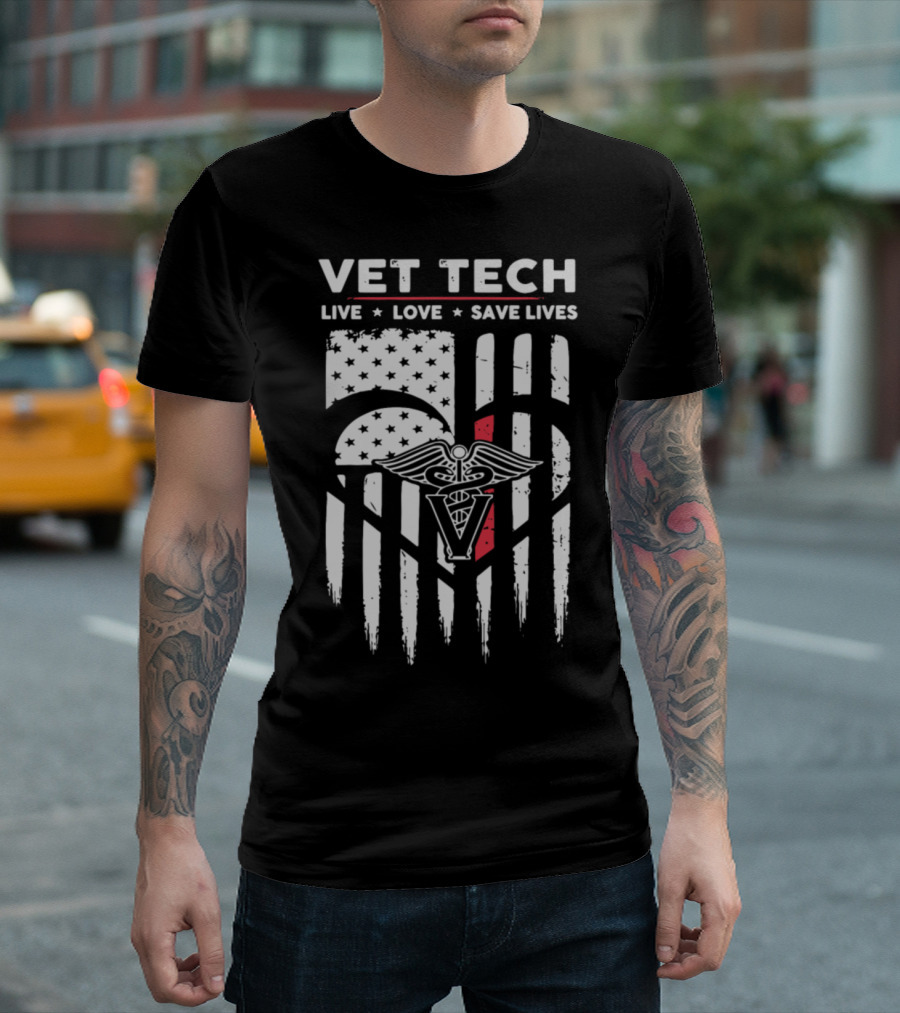 Vet Tech Live Love Save Lives Nurse American Flag Caduceus T-Shirt