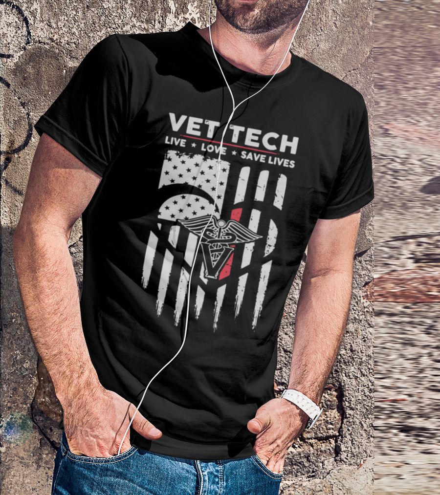 Vet Tech Live Love Save Lives Nurse American Flag Caduceus T-Shirt