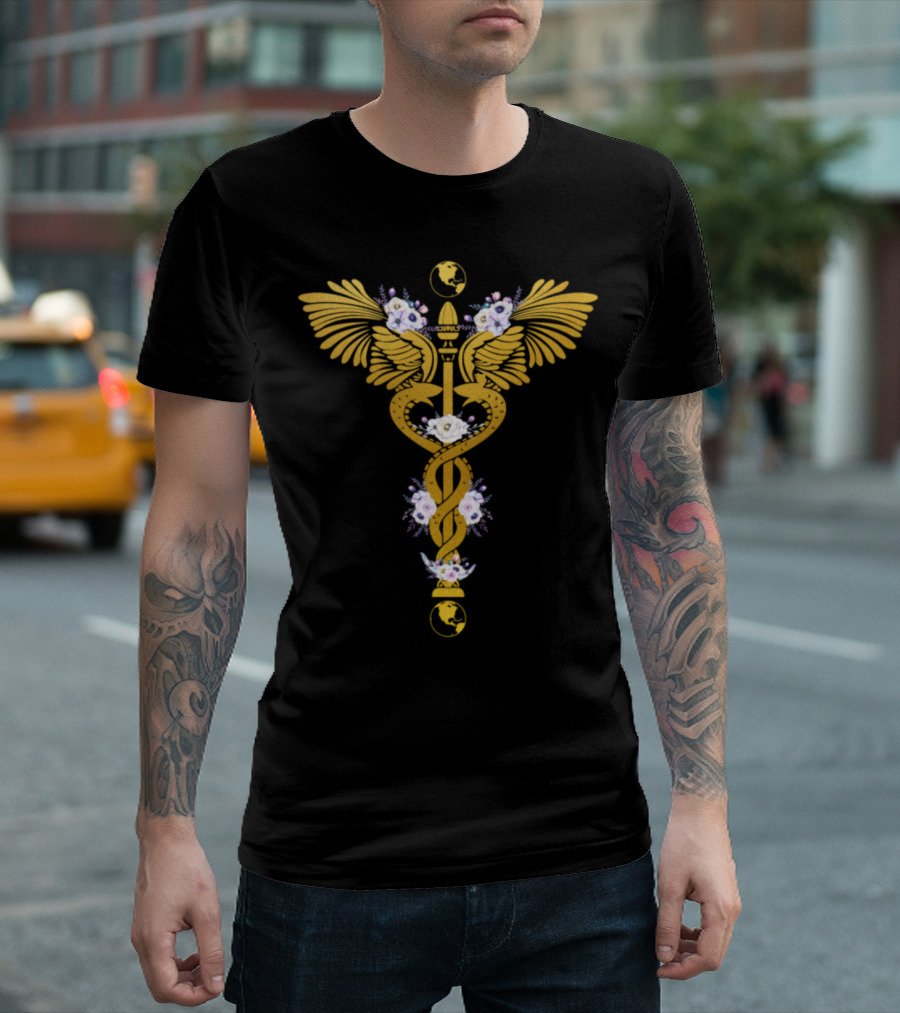 Caduceus Golden Wings Roses and Globe T-Shirt