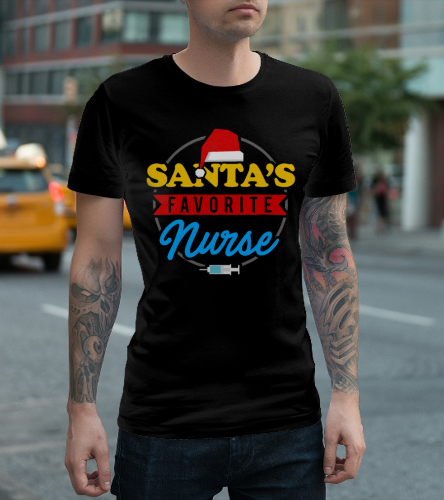 Santa's Favorite Nurse Christmas Syringe Santa Hat T-Shirt