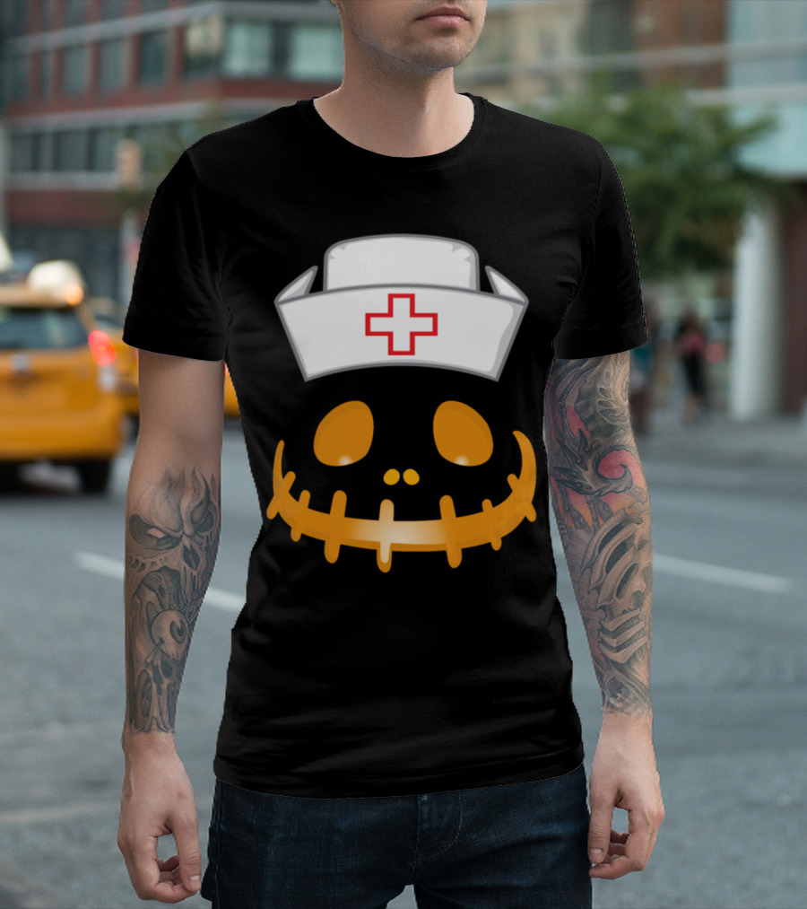 Nurse Hat Pumpkin Face with Cross Stitches T-Shirt