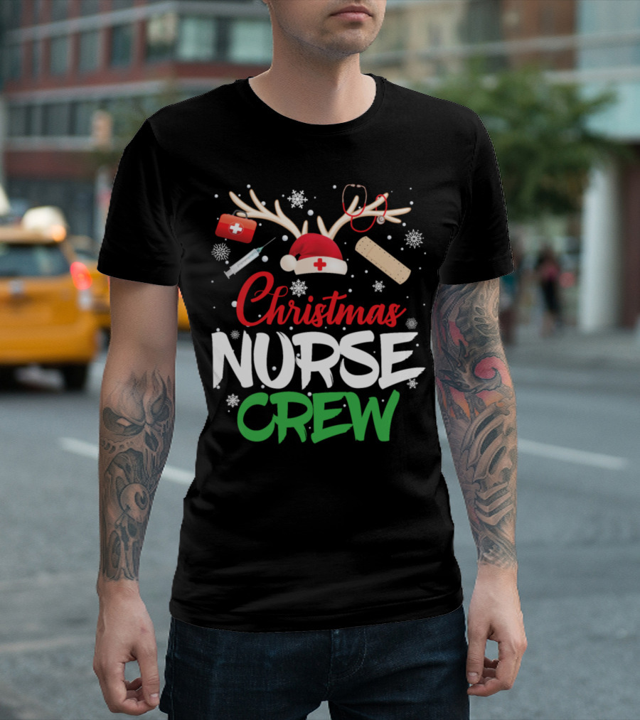 Christmas Nurse Crew Antlers Stethoscope Bandage Snowflakes T-Shirt