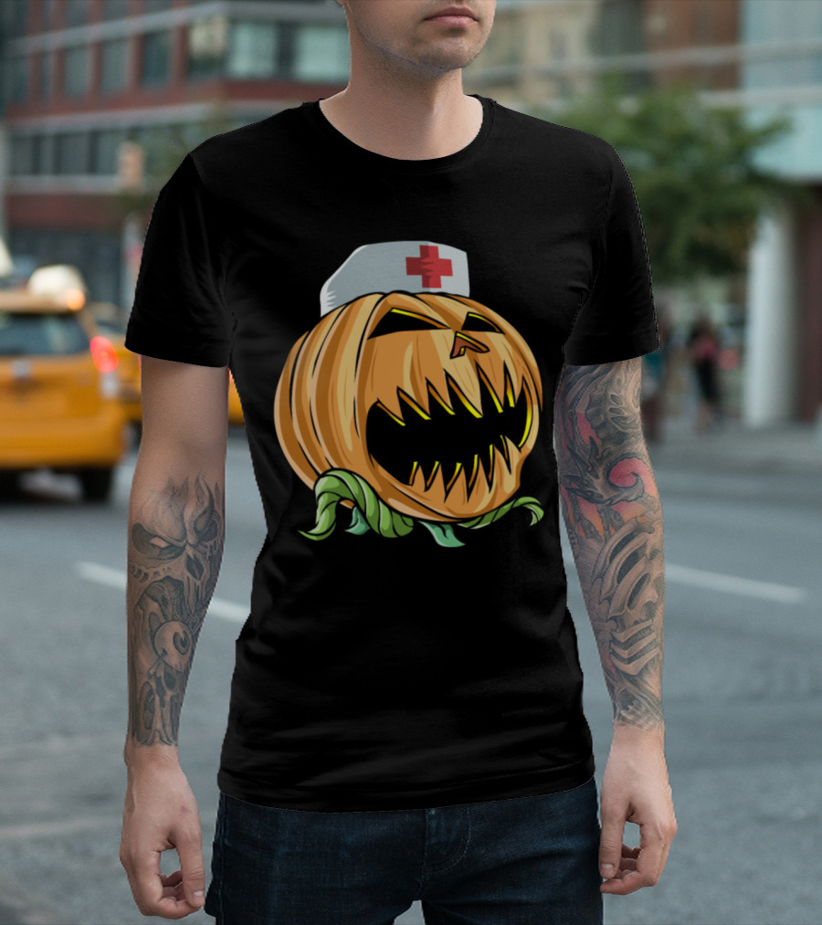 Halloween Scary Pumpkin Nurse with Creepy Jack-O'-Lantern Face and Nurse Hat T-Shirt