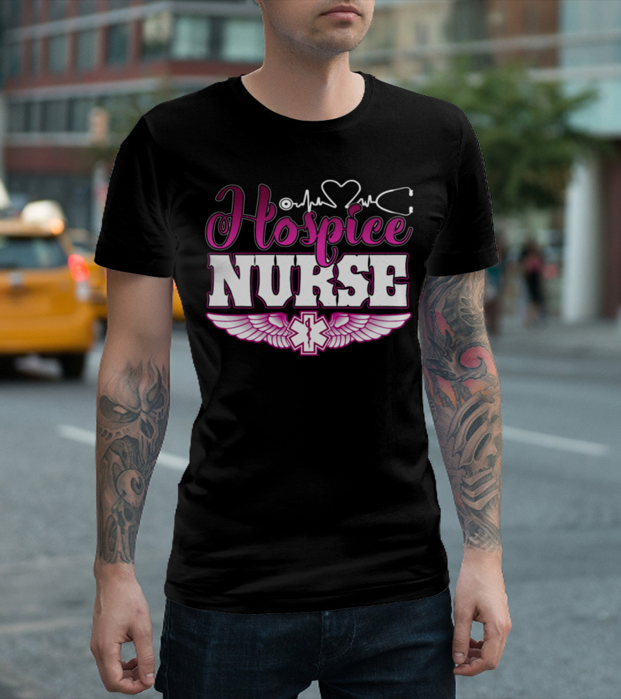 Hospice Nurse Heartbeat Wings with Medical Cross T-Shirt