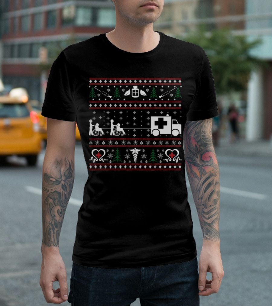 Nurse Christmas Sweater Ambulance Medical Symbols Holiday T-Shirt