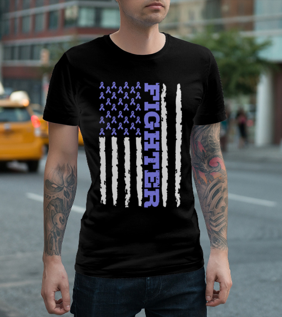 Fighter American Flag Style With Stomach Cancer Awareness Ribbons T-Shirt