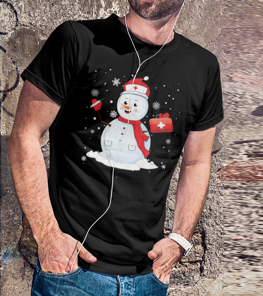 Merry Christmas Nurse Snowman With Medical Kit And Heart T-Shirt