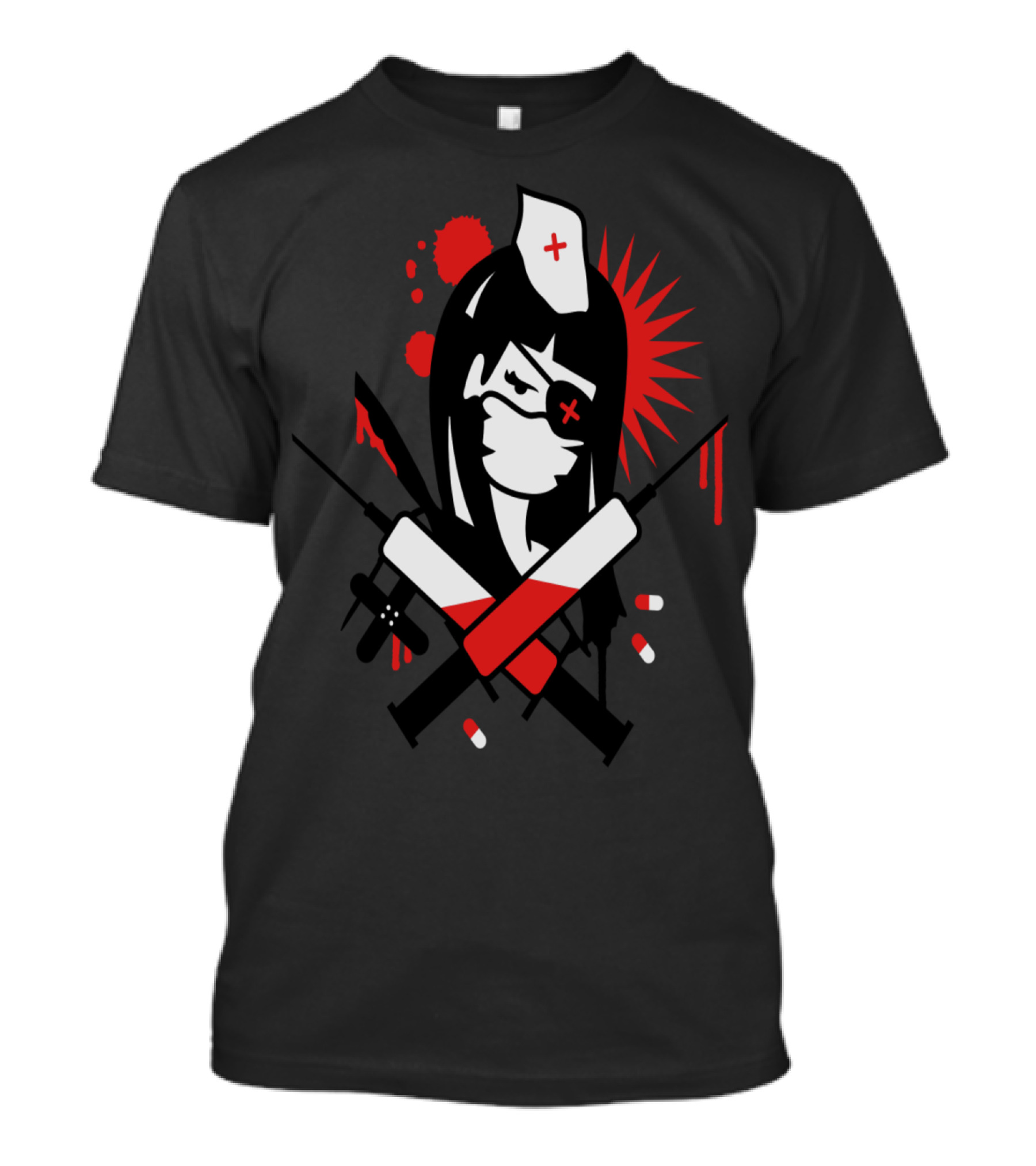 Nurse In Action Nasty Nurse Crossed Syringes Eyepatch Red Cross T-Shirt