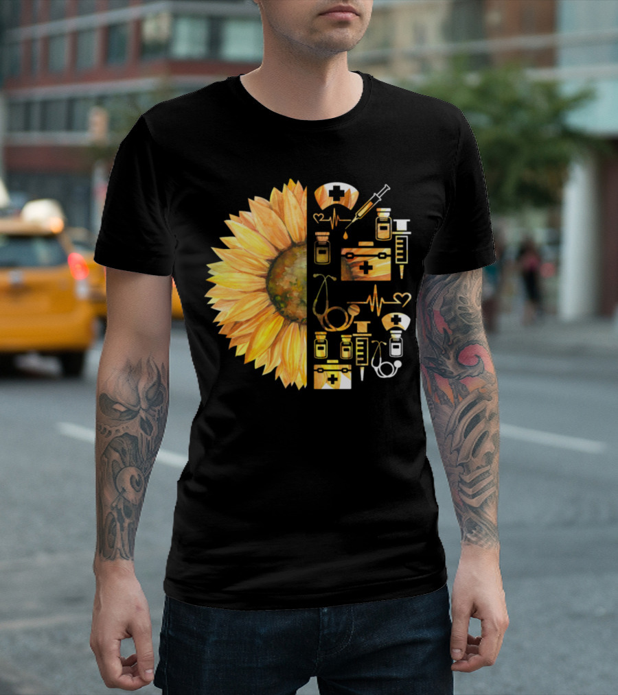 Nurse Sunflower Healthcare Symbols Stethoscope Syringe Vial EKG Badge T-Shirt