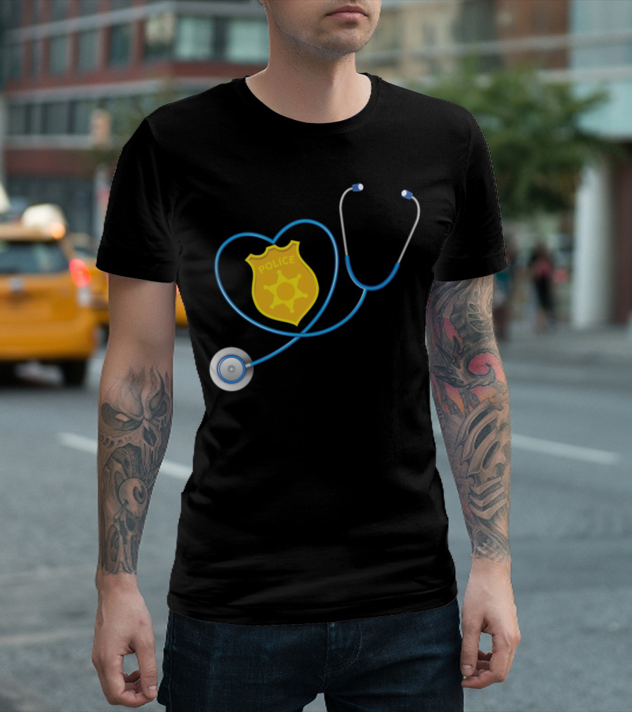 Nurse Wife Heart Stethoscope Police Officer Badge Cop Support T-Shirt