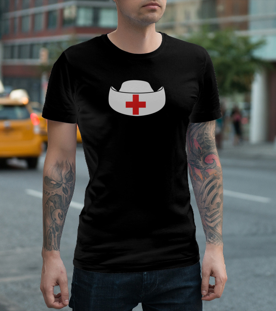 Nurses Hat with Red Cross and Black Love Hearts T-Shirt