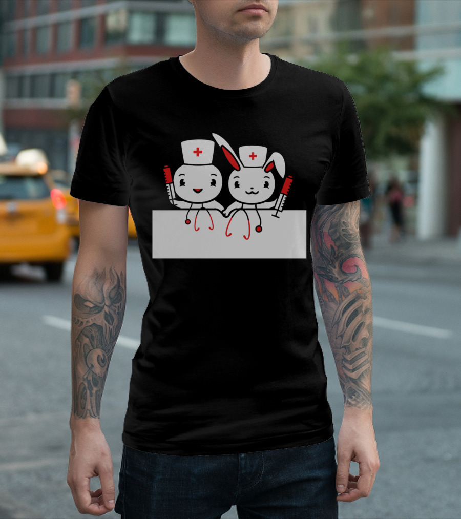 Nurse Bird Chicken Chick Couple Team with Rabbit and Syringes T-Shirt
