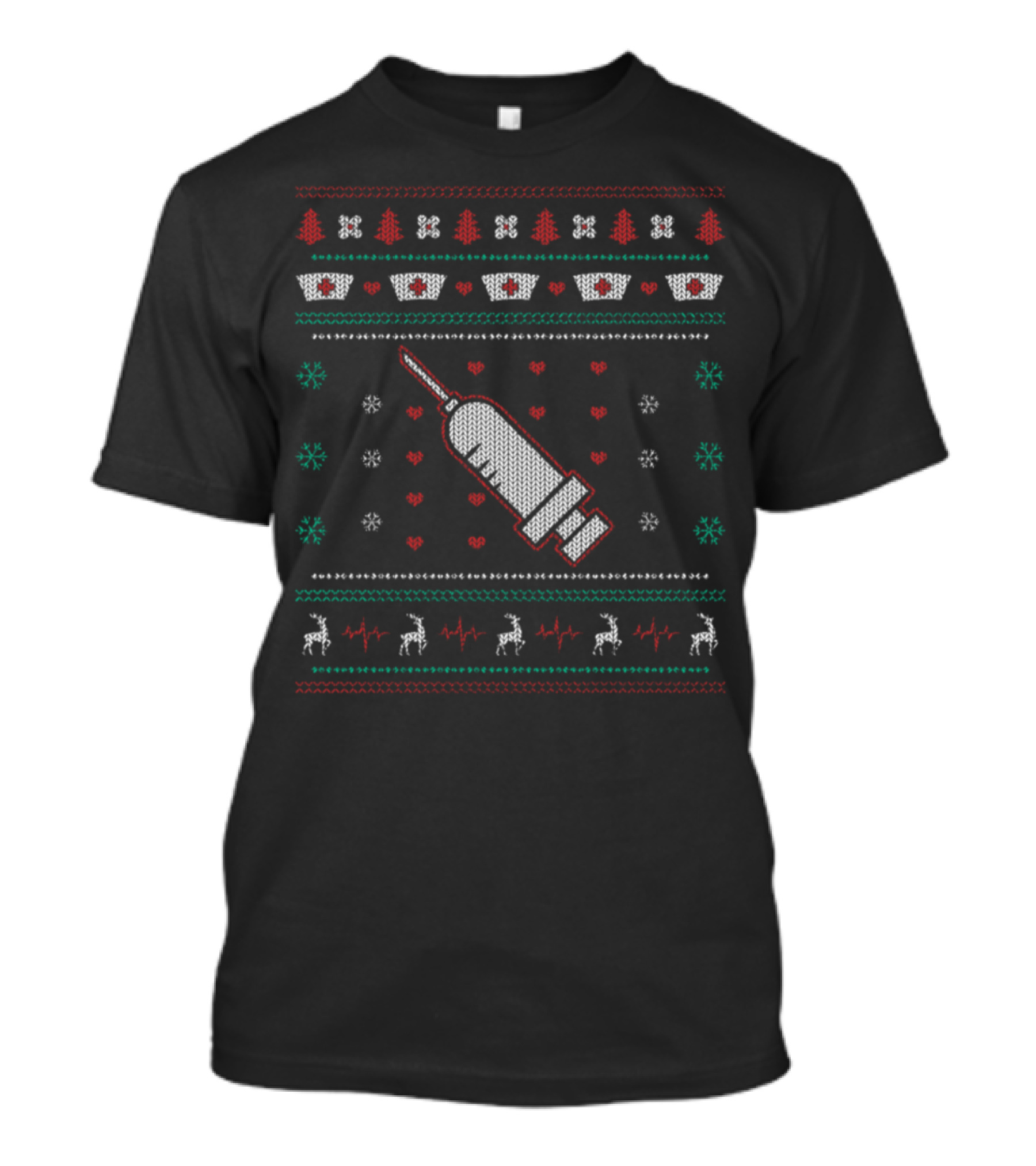 Ugly Christmas Nurse Syringe Snowflakes Hearts Reindeer T-Shirt