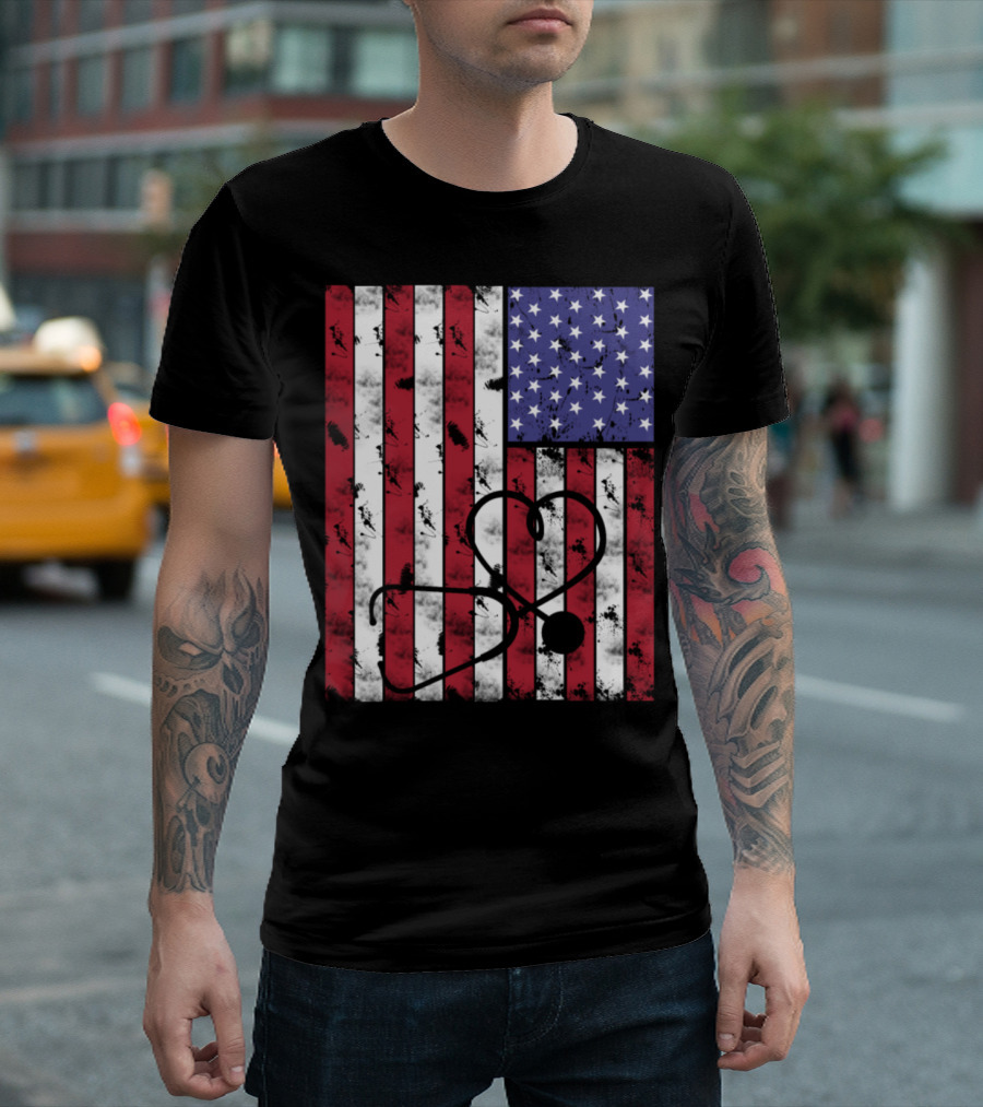 4th Of July Stethoscope Heart USA Flag Nurse T-Shirt