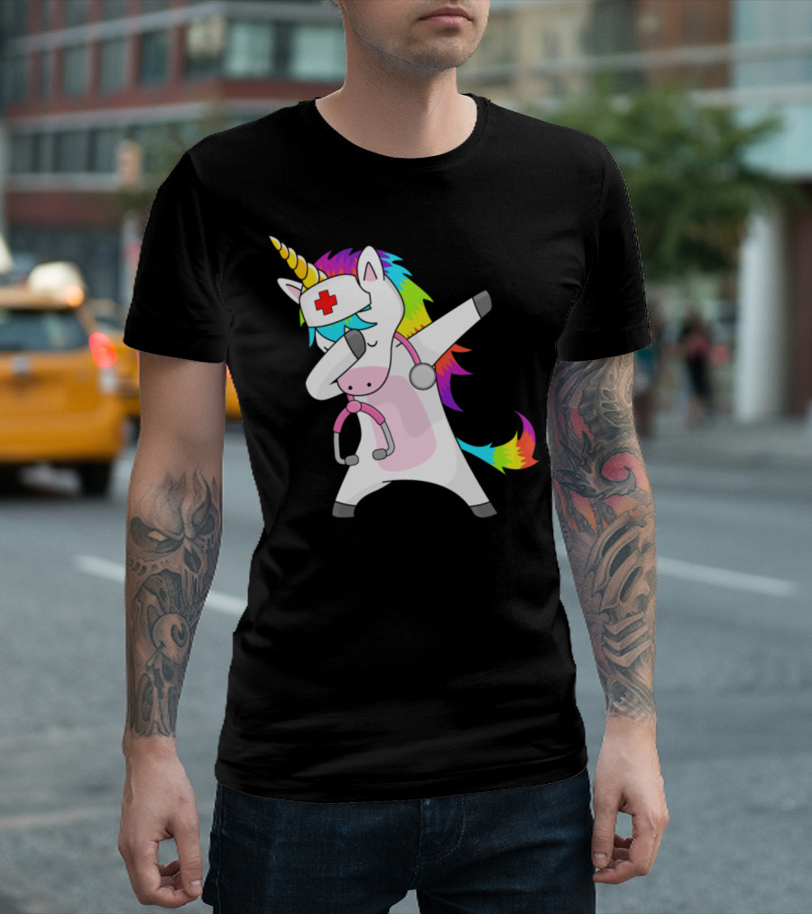Dabbing Nurse Unicorn with Stethoscope and Rainbow Hair T-Shirt