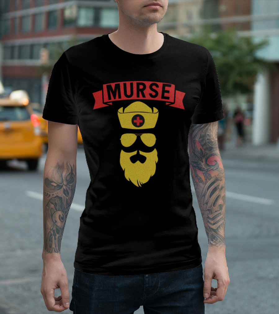 Murse Bearded Male Nurse Icon With Red Cross Cap And Sunglasses T-Shirt