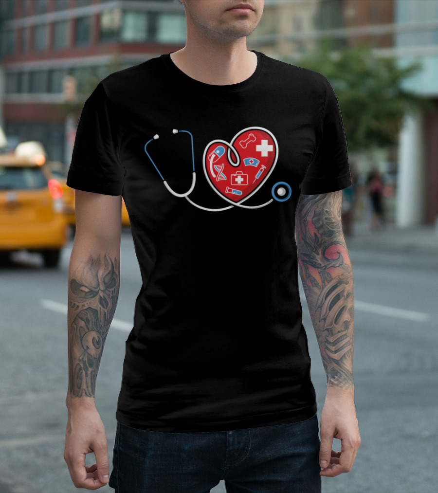 Valentines Day Nurse Heart Stethoscope Medical Icons T-Shirt