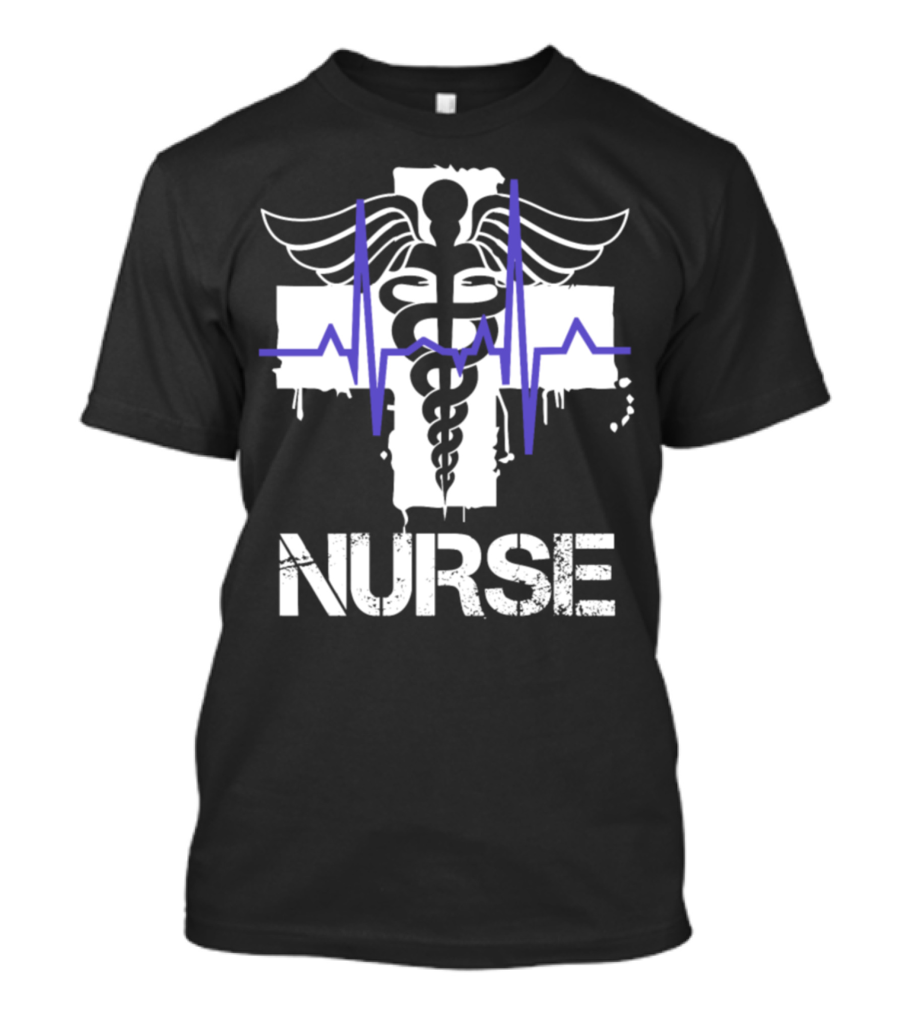 Nurse Caduceus Cross Blue Heartbeat T-Shirt