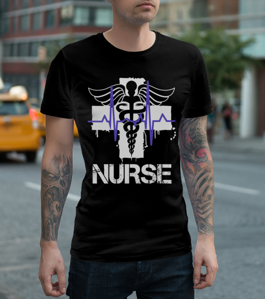 Nurse Caduceus Cross Blue Heartbeat T-Shirt