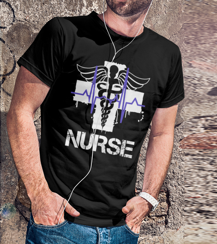 Nurse Caduceus Cross Blue Heartbeat T-Shirt