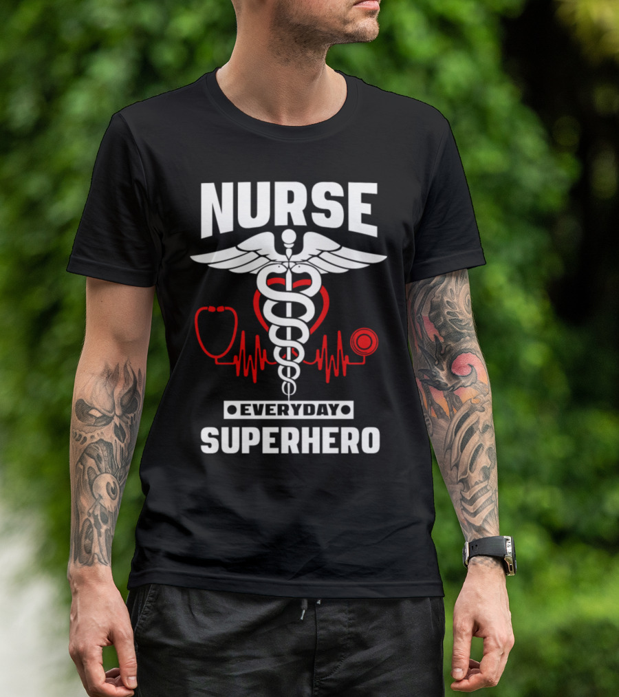 Nurse Everyday Superhero With Caduceus And Stethoscope Heartbeat T-Shirt