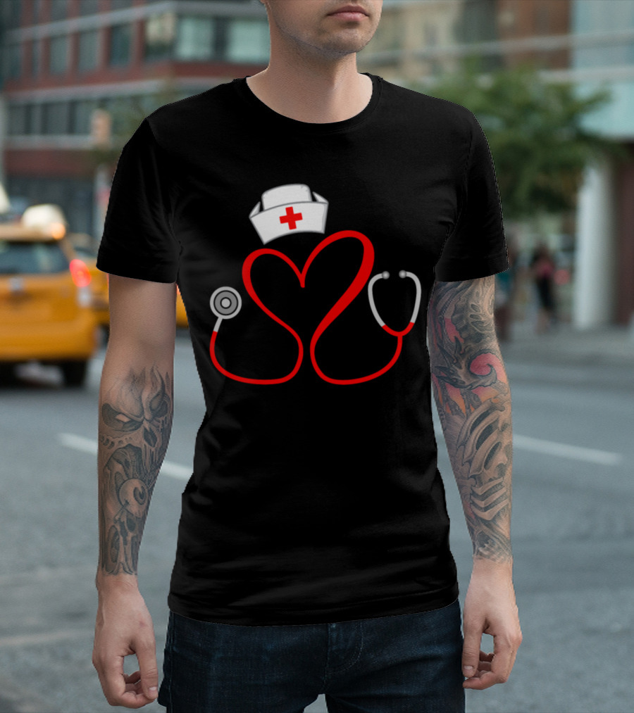 Nurse Valentine's Day Stethoscope Heart With Nurse Cap T-Shirt