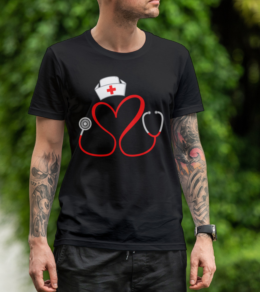 Nurse Valentine's Day Stethoscope Heart With Nurse Cap T-Shirt