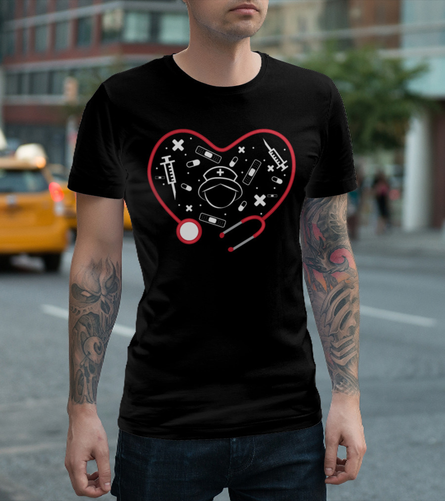 Funny Nurse Girlfriend Idea Stethoscope Heart Syringe Pills Bandages T-Shirt