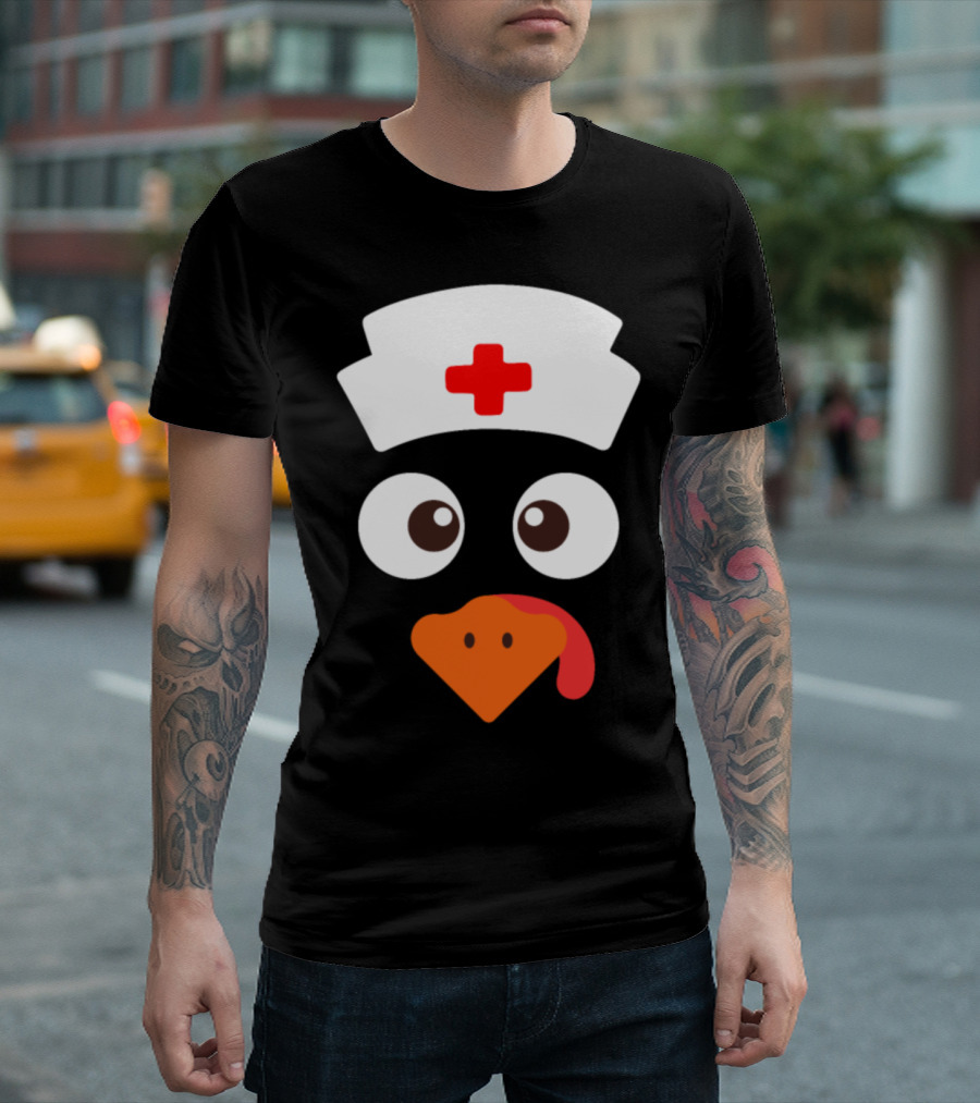 Nurse Turkey Face With Hat Red Cross Eyes And Tongue T-Shirt