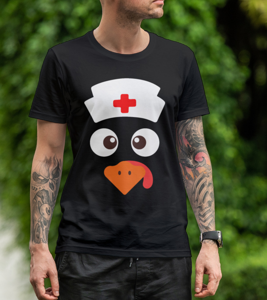Nurse Turkey Face With Hat Red Cross Eyes And Tongue T-Shirt