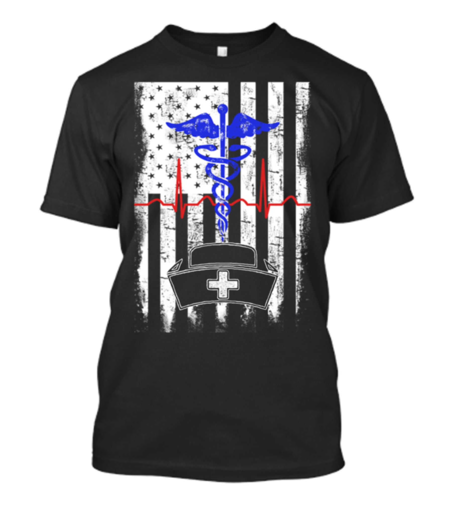 American Nurse Caduceus And Heartbeat With Flag Elements T-Shirt