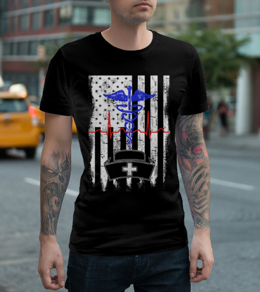 American Nurse Caduceus And Heartbeat With Flag Elements T-Shirt